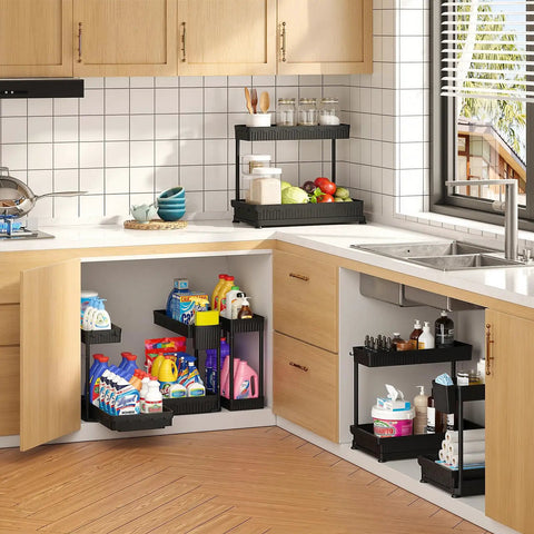 3 Pack L Shaped Under Sink Organizers With Real Smooth Glide Drawers To Toss The Clutter Out Of Deep Cabinets This Smart Corner Setup Does Heavy Lifting In Any Tight Kitchen Or Bath, black drawers in kitchen cabinet.