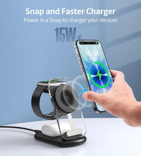3 In 1 Magnetic Wireless Charging Station With MagSafe Foldable Travel Charger Stand And Night Light for iPhone with hand charging