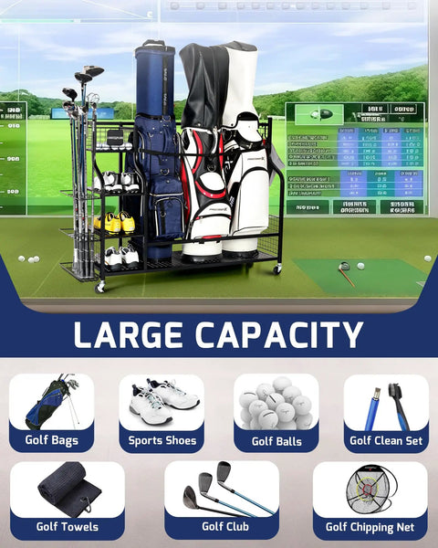 Garage Golf Storage Rack For Three Bags Keeps Clubs Balls Shoes And Gear Neatly Organized Heavy Duty Golf Equipment Organizer For Home Garage Space Now featuring three full-size golf bags, clubs, and accessories.