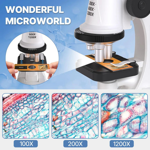 Junior Scientist Microscope Kit With Blank And Prepared Slides For Kids 100X 400X 1200X Magnification For Exploring The Micro World At Home Or In Class, microscope and sample slides