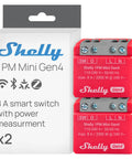 1PM Mini Gen4 Smart Switch With Wi Fi Zigbee And Matter Compatibility 1 Channel 8A Dual Pack Power Monitoring No Hub Needed Fast Setup In Minutes Remotely Control Appliances From Anywhere. box and two red Shelly 1PM Mini Gen4 smart switches