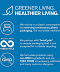 Icons and text on eco-friendly practices, non-GMO ingredients, and Terracycle partnership for recycling packaging.