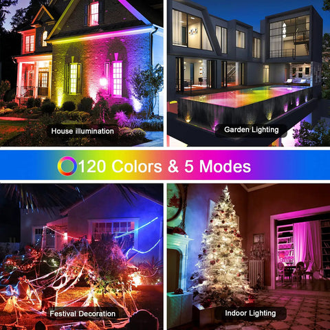 RGB LED Outdoor Flood Light 400W Equivalent With Color Change And Daylight 5700K Landscape Lighting Kit With Remote, Timer, IP66 Waterproof For Yard, Patio, Garage, 4 Pack
