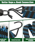 8 Pack 80 Inch Adjustable Flat Bungee Cords With Hooks And Buckles, latex ropes, close-up of rust resistant hooks, color mix