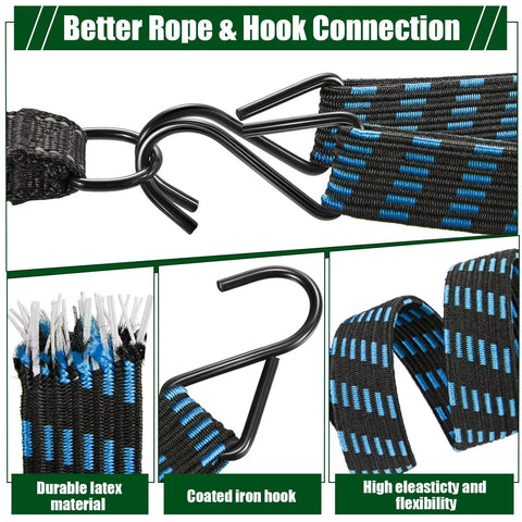 8 Pack 80 Inch Adjustable Flat Bungee Cords With Hooks And Buckles, latex ropes, close-up of rust resistant hooks, color mix