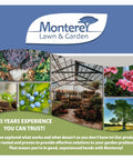 Collage featuring Monterey Lawn & Garden logo, greenhouse interior, succulents, blooming flowers, and lush tree landscape.