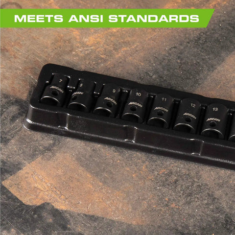 3 8 Inch Drive Shallow Impact Socket Set Metric Sizes 7mm To 19mm Cr V Steel 13 Piece Kit shown on a workbench