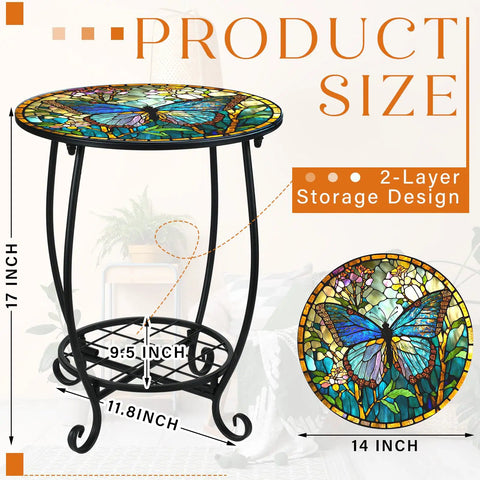 Outdoor Round Side Table 14 Inch Mosaic Butterfly Style Patio Accent Table with colorful butterfly mosaic design, 17-inch tall.