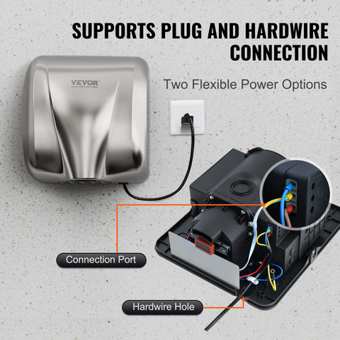 Heavy Duty Commercial Hand Dryer 1300W Automatic High Speed Stainless Steel wall mounted showing plug and hardware options