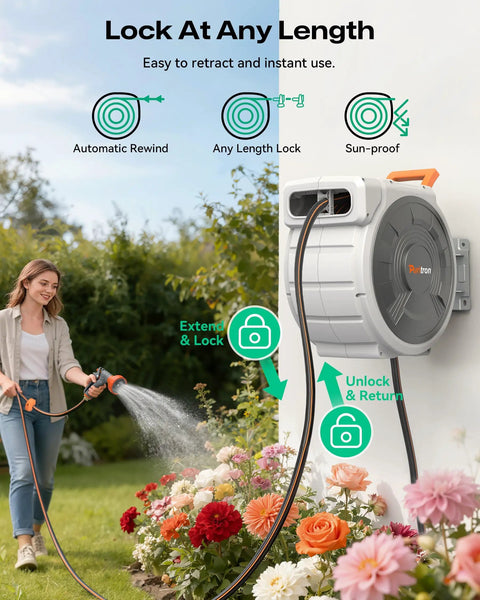 Woman using No Fuss Retractable Garden Hose Reel With Five Eighth Inch Hose 100 Feet 3 Ply Reinforced for flower watering