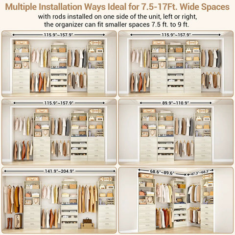 Heavy Duty Wooden Closet System With Twelve Drawers Four Hanging Rods And Two Tall Towers for 7.5 to 17Ft spaces setup options.