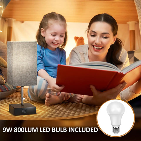 Gray Bedside Table Lamp With USB C And USB A Ports Three Color Temperature Settings For Warm Neutral And Daylight Ambience Ideal Nightstand Desk Light With Pull Chain And Bulb Included next to a reading family on a cozy evening.