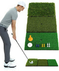 Man using 3-In-1 Golf Practice Mat With Realistic Turf Surfaces For Hitting Swing And Putting Training, showing three turf types