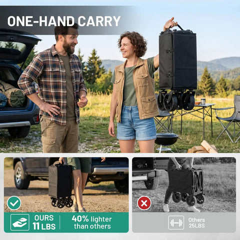 Ultra Light Collapsible Wagon Cart With All Terrain Wheels For Everyday Use, woman holding folded cart at campsite