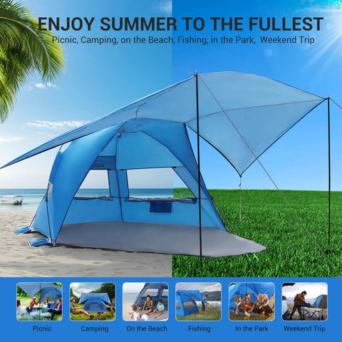 Pop Up Beach Tent With 360 Degree Removable Canopy for 4 to 6 People, set up on grass and sand with open flaps and blue sky.