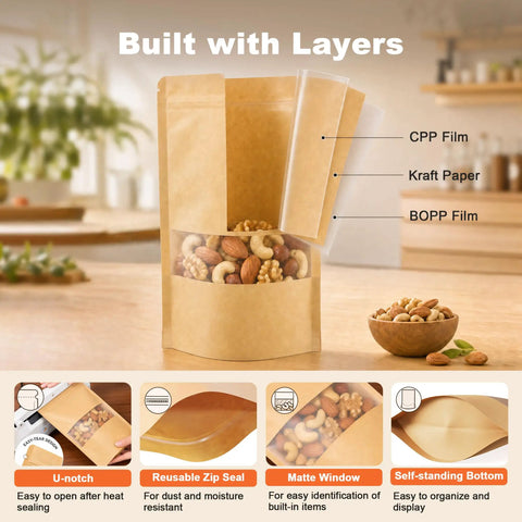 100 Pcs Kraft Stand Up Pouches With Matte Window Resealable Zipper Bags For Packaging Goods Showing Design Layers and Nuts