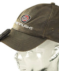 ProTac 1AAA Tactical Flashlight With High Low Strobe Modes attached to a cap, showing side view on a transparent display head
