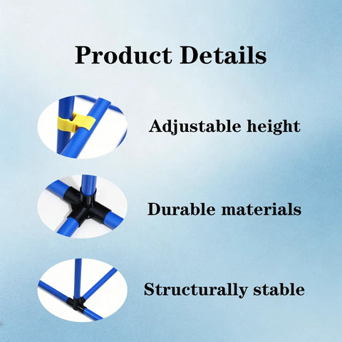 Versatile Adjustable Dog Agility Jump Set With Hurdles and Weave Poles details; adjustable height, durable blue PVC poles