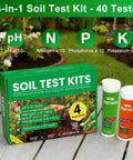4 In 1 Soil Test Kit For Lawns And Gardens, Check PH Nitrogen Phosphorus And Potassium, 40 Tests displayed with garden background