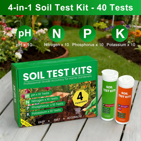 4 In 1 Soil Test Kit For Lawns And Gardens With 40 Tests Including PH Nitrogen Phosphorus And Potassium Readings For Veggie Gardens Lawns And Plants Great For Home Gardeners And Plant Lovers box with test tubes on a patio table