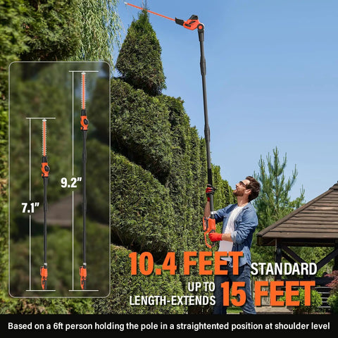 User demonstrates Cordless Pole Hedge Trimmer With 18-Inch Blades, Up To 16-Foot Reach, Multi-Angle Adjustable outdoors