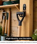 Heavy Duty Metal J Hook Ev Charger Holder With Non Slip Coating Wall Mount holding a shovel on wood wall indoors.