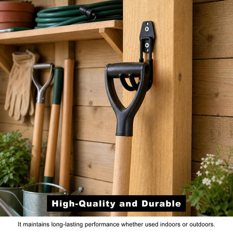 Heavy Duty Metal J Hook Ev Charger Holder With Non Slip Coating Wall Mount holding a shovel on wood wall indoors.