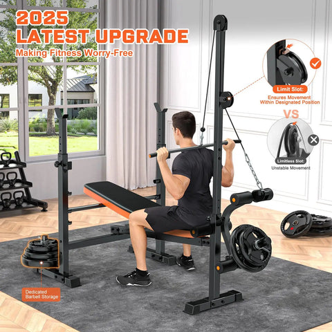 Person using 8 In 1 Weight Bench Set With Lat Pulldown And Leg Extension For Home Gym Full Body Strength Training Bench Press Rack