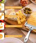 Adjustable Cheese Slicer With Four Replaceable Stainless Wires Heavy Duty Aluminum Alloy Handheld Cheese Cutter For Block And Sharp Cheeses on a wooden board with sliced cheeses.