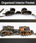 Heavy Duty Camo Tool Belt Set With Adjustable Pouches For Electricians And Carpenters featuring organized interior pockets and tools.