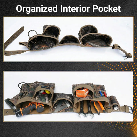 Heavy Duty Camo Tool Belt Set With Adjustable Pouches For Electricians And Carpenters featuring organized interior pockets and tools.