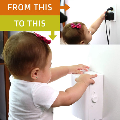 Baby reaching for Dual Lock Outlet Cover Box For Baby Proofing 1 Pack No Fuss Toddler Safe Design With Easy Three Step Install