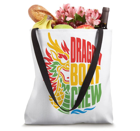 Dragon Boat Crew Tote Bag with colorful dragon design, filled with groceries, ideal for team spirit and race day gear for paddlers.