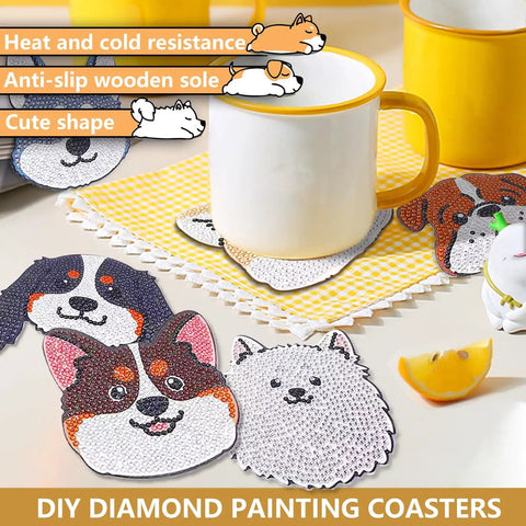 Dog Shaped Diamond Painting Coasters Kit With Holder For Drinks 8 Pieces DIY Diamond Art Coasters For Beginners And Adults Includes Diamonds Glue Pens Trays And Holder A Fun Craft Gift For Craft Lovers, colorful dog-shaped coasters displayed with a mug on a table.