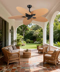 52-Inch Tropical Palm Leaf Ceiling Fan (No Light) with rattan blades above outdoor seating area, rustic farmhouse style.