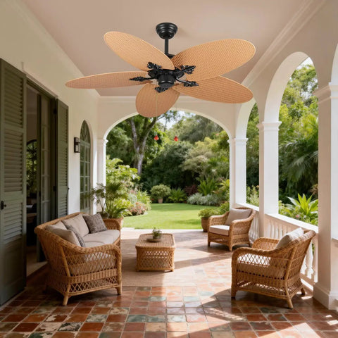 52-Inch Tropical Palm Leaf Ceiling Fan (No Light) with rattan blades above outdoor seating area, rustic farmhouse style.