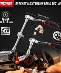 106-Piece 1/4 Inch Drive Socket Set With Wrench, Chrome Vanadium Steel, ratchet and extension bar with 360-degree joint in use