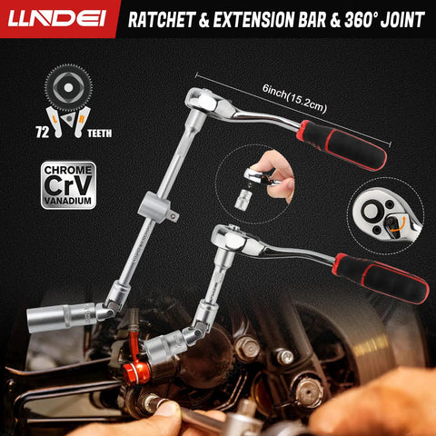 106-Piece 1/4 Inch Drive Socket Set With Wrench, Chrome Vanadium Steel, ratchet and extension bar with 360-degree joint in use