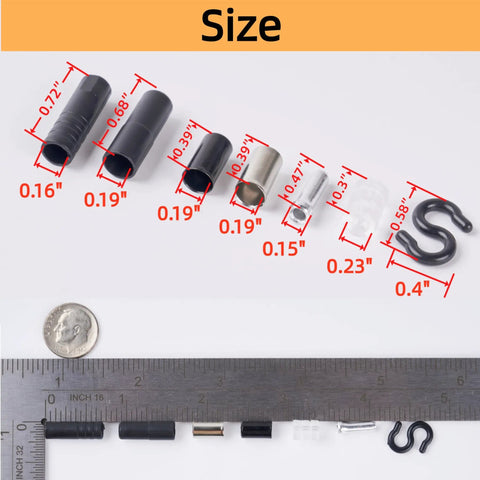 80 Piece Bike Cable End Cap Kit With Brass End Caps O Rings S Hooks And Housing Caps; size comparison with coin and ruler.