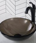 Slick Round Clear Brown Glass Vessel Sink, 14 Inch Above-Counter Bathroom Vanity Basin with Black Faucet, Scratch-Resistant