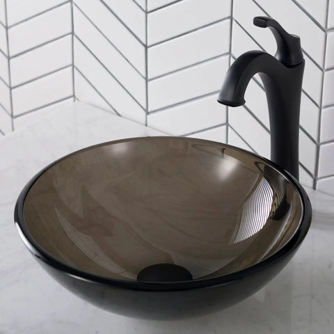 Slick Round Clear Brown Glass Vessel Sink, 14 Inch Above-Counter Bathroom Vanity Basin with Black Faucet, Scratch-Resistant