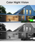 Outdoor Wireless Security Camera with 600 Lumen Spotlight Solar Powered Battery Pack 2K Color Night Vision demo showing color and grayscale night vision views of a modern house exterior.