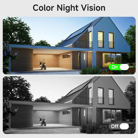 Outdoor Wireless Security Camera with 600 Lumen Spotlight Solar Powered Battery Pack 2K Color Night Vision demo showing color and grayscale night vision views of a modern house exterior.