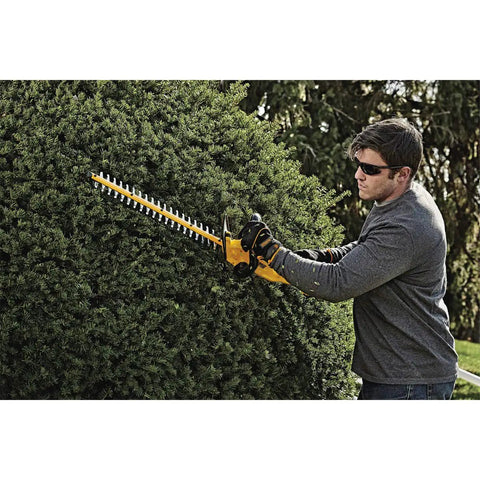 Person using Powerful 20V Max Cordless Hedge Trimmer with 22 Inch Laser Cut Blade, Tool Only, Lightweight Yet Mighty on hedge