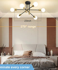 Kickass Modern Sputnik Chandelier Ceiling Light Fixture With Six Bulbs For Dining Rooms above a bed in a stylish bedroom, showcasing adjustable arms.