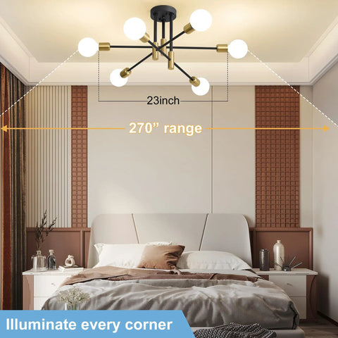 Kickass Modern Sputnik Chandelier Ceiling Light Fixture With Six Bulbs For Dining Rooms above a bed in a stylish bedroom, showcasing adjustable arms.
