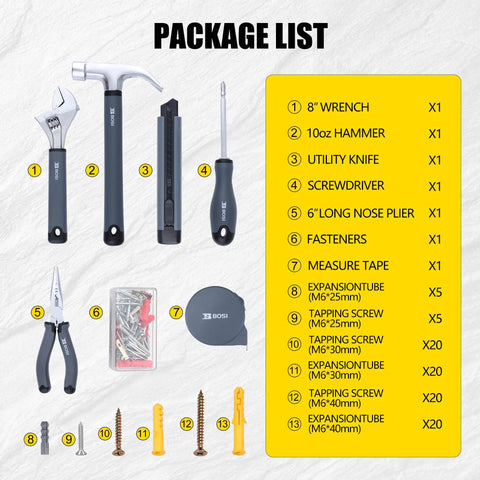 136 Piece All In One Hand Tool Set For Home DIY And Everyday Repairs With Screwdrivers Wrenches Hammer Tape Measure Pliers In A Compact Portable Tool Box Rust Resistant Heavy Duty For Quick Home Fixes product package list