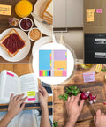 Sticky Notes Set For Journaling And Planning, used on toast, fridge, book, and kitchen counter for organization and reminders.