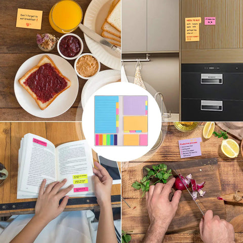 Sticky Notes Set For Journaling And Planning, used on toast, fridge, book, and kitchen counter for organization and reminders.