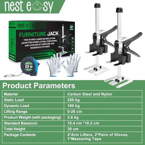 Heavy Duty Furniture Jacks 2 Pack Labor Saving Lifting Handles For Sofas Beds And Cabinets Up To 360 Lbs Capacity displayed with gloves.